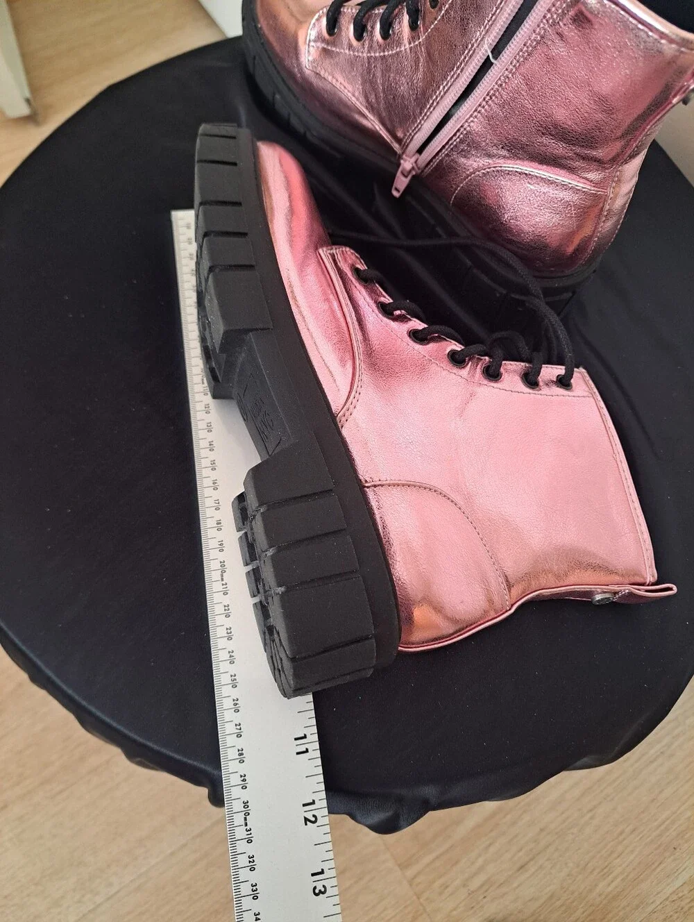 Metallic Pink Lace-Up Combat Boots with Chunky Black Sole
